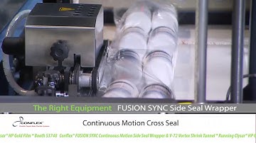 Conflex FUSION SYNC Continuous Motion Side Seal Wrapper and V-72 Vortex Shrink Tunnel