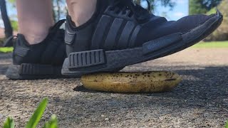 Teen boy sockless in Adidas NMDs crushing fruit