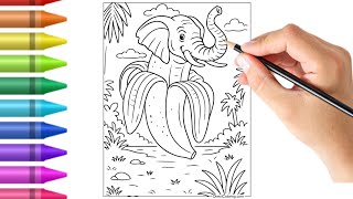 How to Draw & Color Funny Banana Elephant! 🐘🍌 Coloring Page Tutorial for Kids
