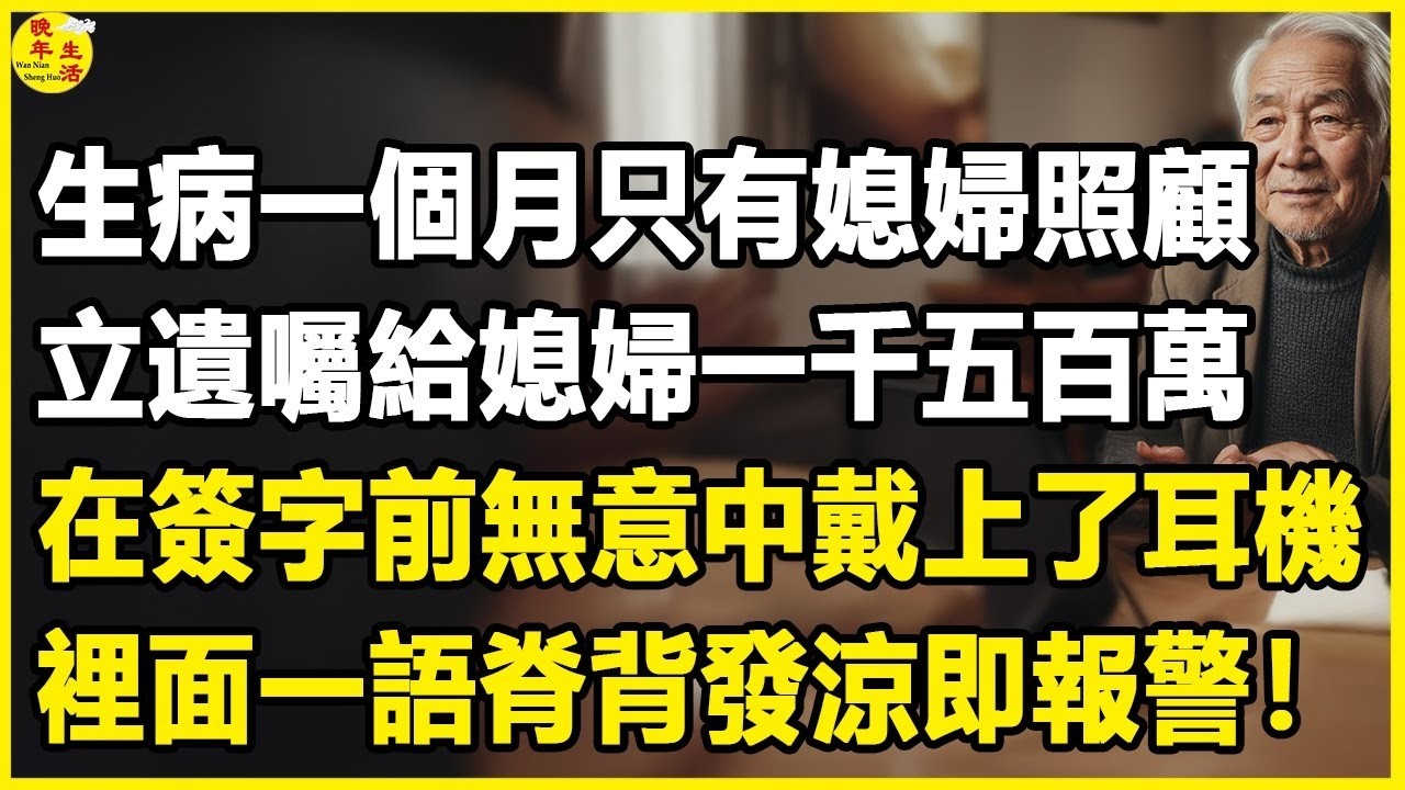 我71歲，生病一個月只有媳婦照顧，立遺囑給媳婦一千五百萬，在簽字前無意中戴上了耳機，裡面一語脊背發涼即報警！#中老年生活 #為人處世 #生活經驗 #情感故事 #幸福人生 #上了年紀該明白的事