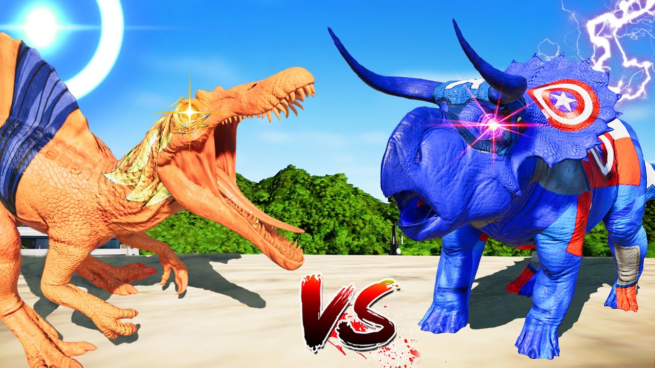 Captain America Nasutoceratops Vs Goku Spinosaurus Dinosaurs Fight 🌍 ...