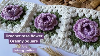 Crochet rose flower granny square | joining granny squares