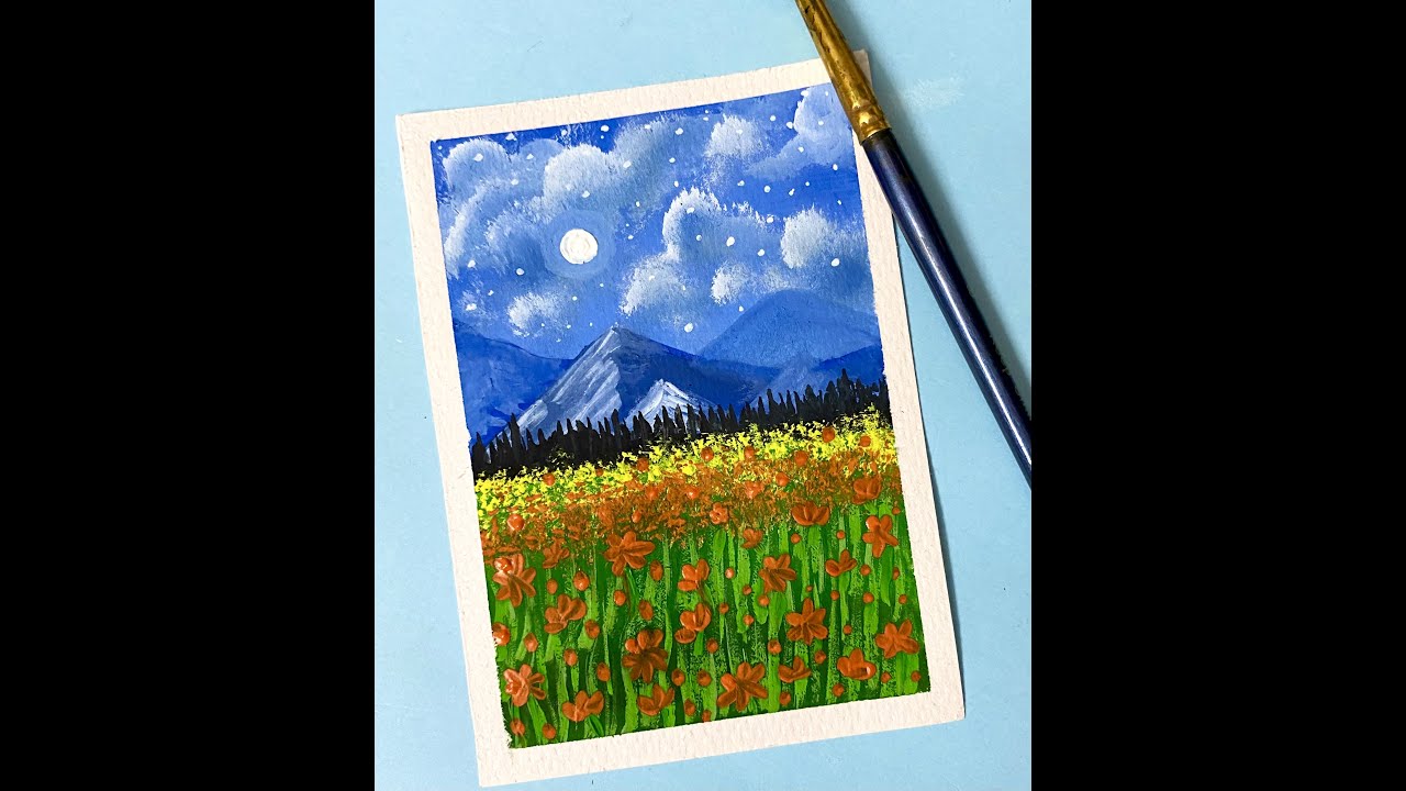 Easy Moonlight Flower Field Scenery PaintingBeginnersSimple Acrylic