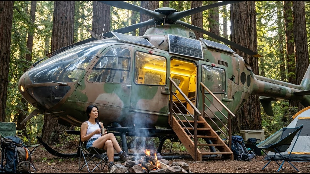 Building a Dream House Inside an Abandoned Airbus H225 Super Puma Helicopter in a Snowy Mountain Ran