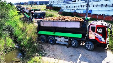 First Start New Project! Landfill By 25.5Ton Trucks With Dozer Pushing Soil Delete Drain Systerm