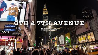 New York City walking tour - 6th \& 7th Avenue, Manhattan NYC at night 4K