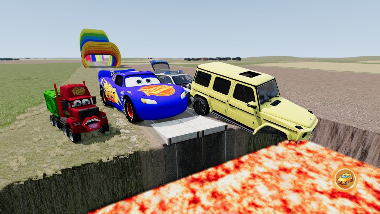 Big & Small McQueen, G63 & Police Cars vs Zombie Mack | Ramp, Lava Pit & Color Slide – BeamNG.drive