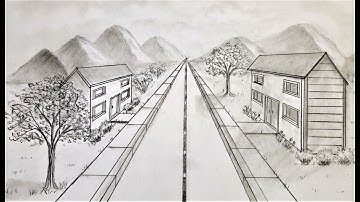 How to draw in one point perspective, a village road scenery
