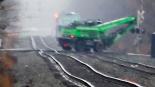 Fast CSX Train Knocks Down The Signal. Green Monster Crosses The Tracks.  GP38 Train Roars By + More