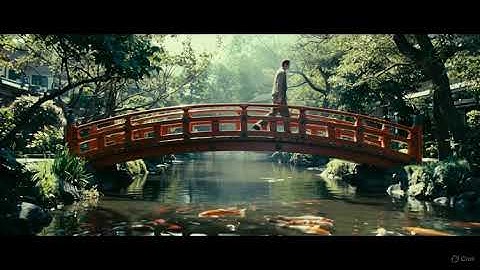 Ngồi trên cầu gỗ đỏ nhìn đàn koi bơi lượn: Ông ngồi thư giãn trên cầu cong Nhật