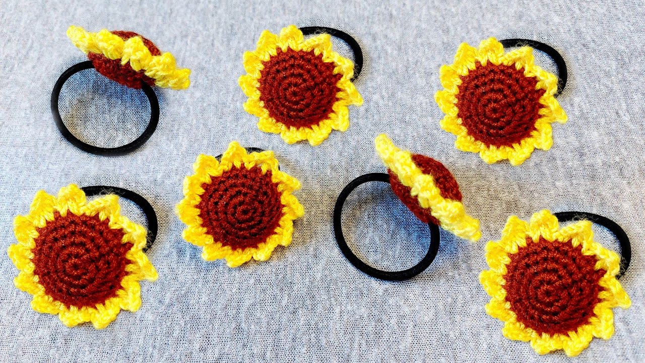 كروشيه ربطة الشعر زهرة عباد الشمس للمبتدئينHow to crochet a sunflower hair tie