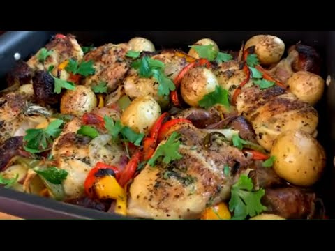 Roasted Chicken, Sausage, Peppers and Potatoes - Best Chicken Thigh Recipe hqdefault
