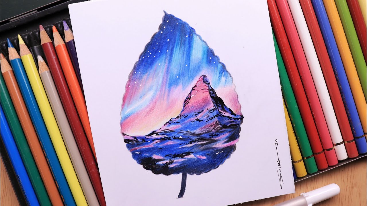 Scenery drawing with pencil colour  Landscape scenery mountain Coloured  pencil  YouTube