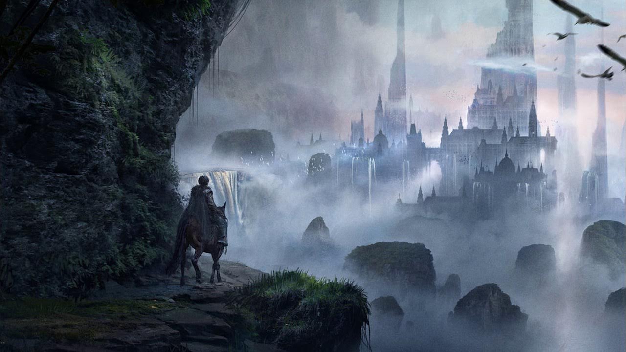 Пейзаж арт. Порт фэнтези арт. Замок фэнтези. Летающий замок. Человек в высоком замке пейзажи.