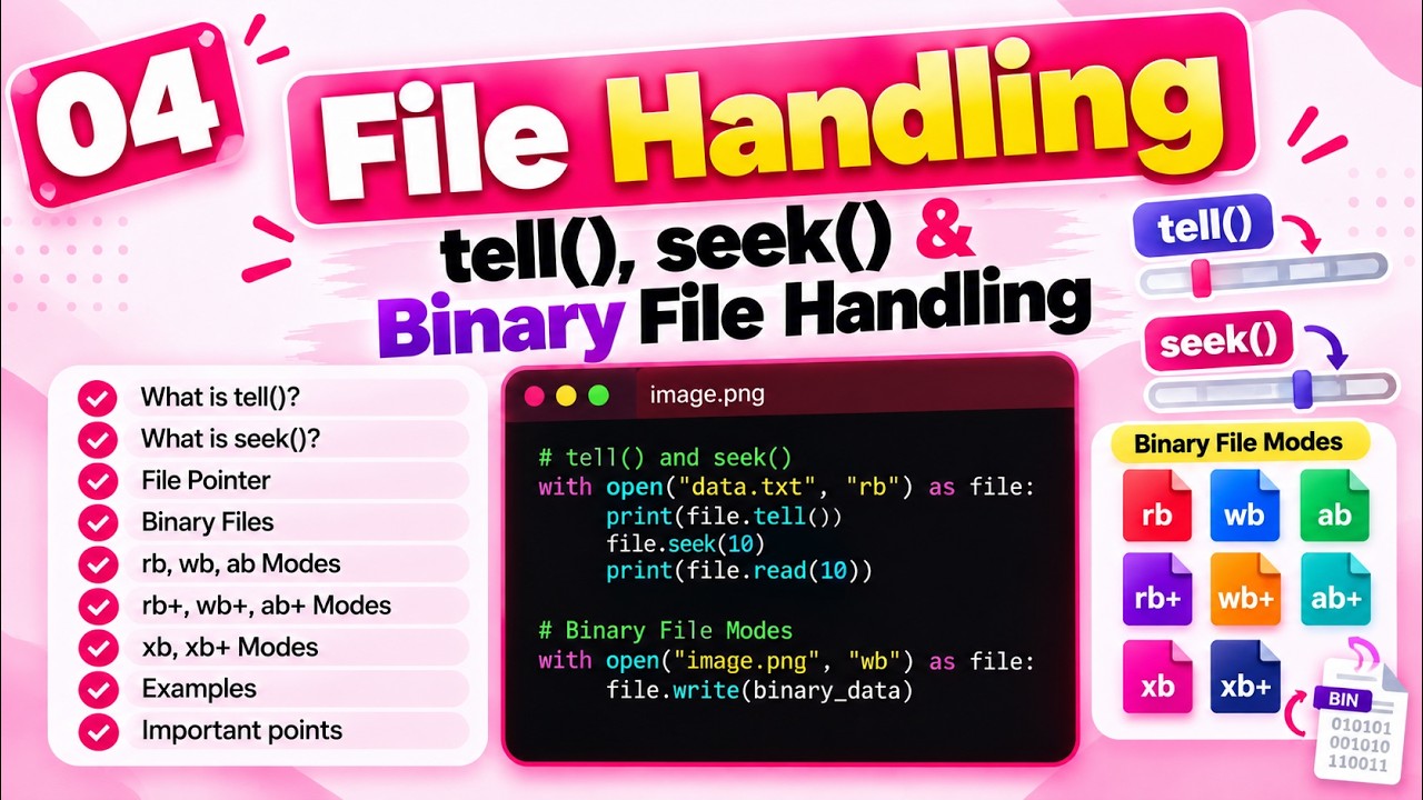 04. Python File Handling  | tell() & seek() + Binary File Modes | rb, wb, ab, rb+, wb+, ab+, xb