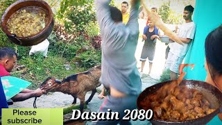 goat cutting at dasain in village|| दसैंमा गाउँ मा|| Nepalese Big festival|| Fresh goat meat cooking