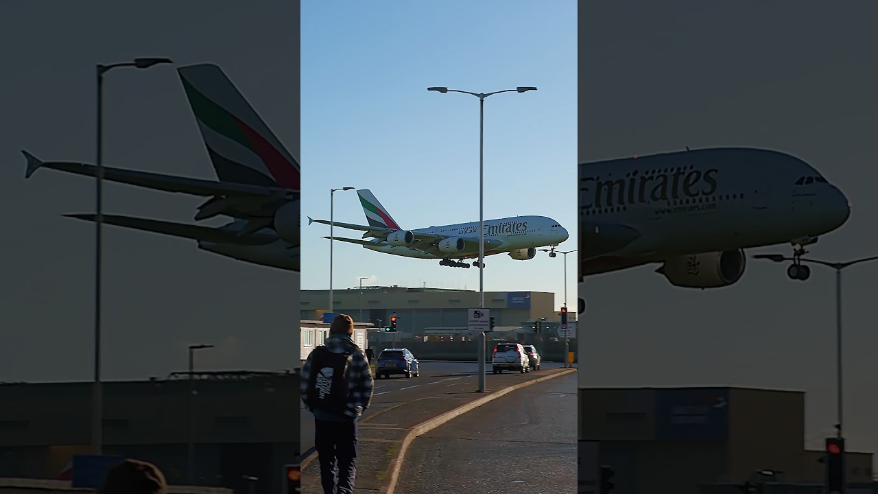 🇦🇪 Самолет Emirates A380 на заключительном этапе захода на посадку возле взлетно-посадочной полос...