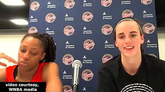 Caitlin Clark and Kelsey Mitchell after Indiana Fever's 90-80 road loss to Minnesota thumbnail