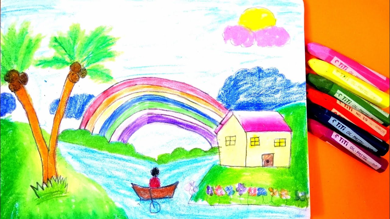 How to draw easy scenery.Drawing scenery rainbow on the river step by ...