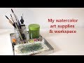 My watercolor art supplies and workspace