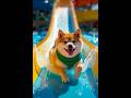 A fluffy shiba inu zips down a neon-lit water slide🌈💦. #dogsmile #haha #summer #water #pool #playful