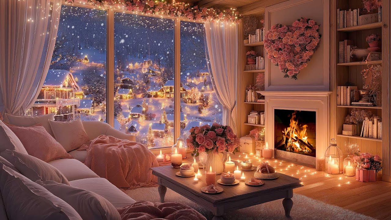 Romantic Valentine Fireplace 💕Falling Snow & Gentle Piano Music to Calm the Mind & Sleep Deeply