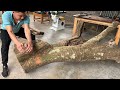 Building a spectacular and imposing table from a giant and regal tree trunk a woodworking feat