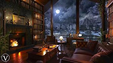 Winter Library Night Ambience | Fireplace, Snow & Blizzard Sounds