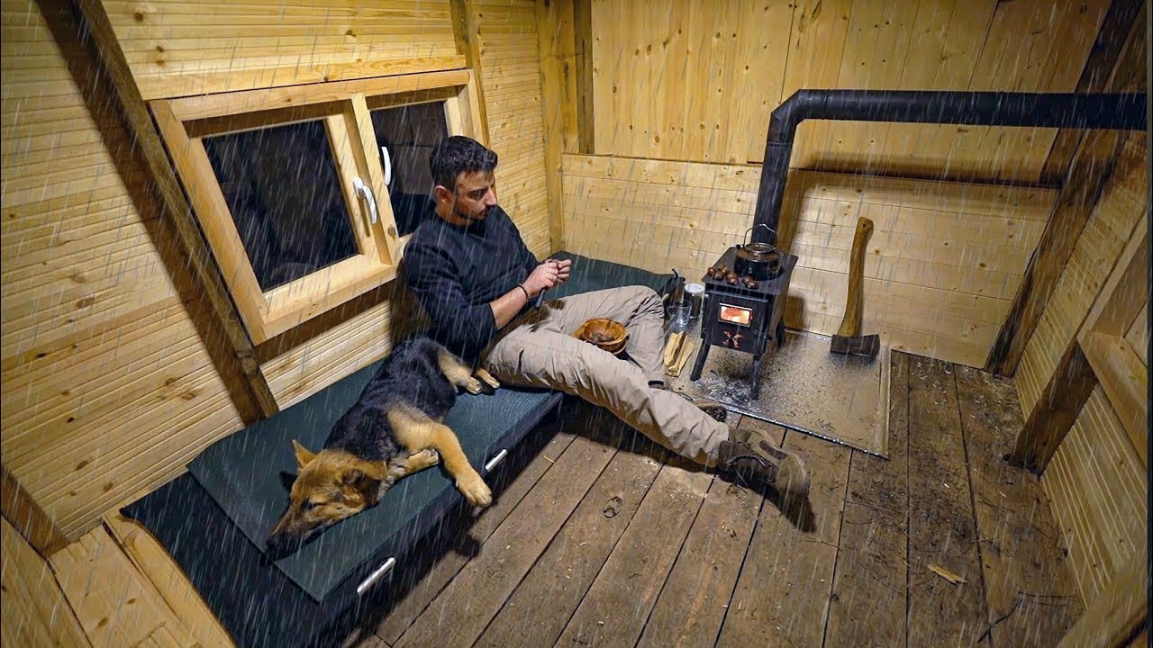 Caught in Heavy Rain in my Wooden Cabin, 2 Days Solo Winter Camping with My Dog, ASMR