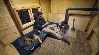 Caught in Heavy Rain in my Wooden Cabin, 2 Days Solo Winter Camping with My Dog, ASMR