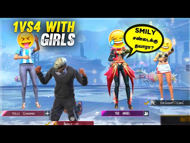 ❤️SMILY Vs 4 Girl's  Funny Gameplay 😍 Free fire tamil class=