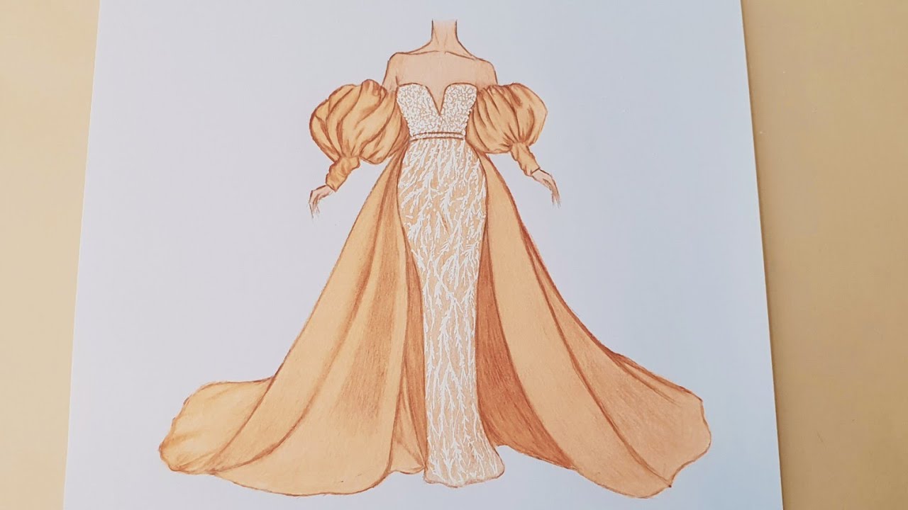  تعلم رسم فستان سهرة بخطوات سهلة للمبتدئين| how to draw dress sketching & coloring tutorial/fashion