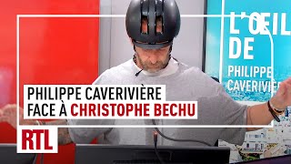Philippe Caverivière, à vélo, face à Christophe Bechu