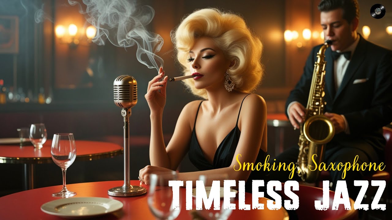 Вневременная эстетика джаз-клуба – женщина курит, играет саксофон, винтажное освещение