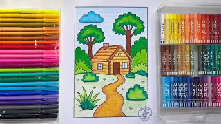 Nature Cottage Coloring Page - Easy Landscape colouring for Kids