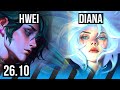 HWEI vs DIANA (MID) | Good KDA: 13/1/8 | EUW Master | 26.10