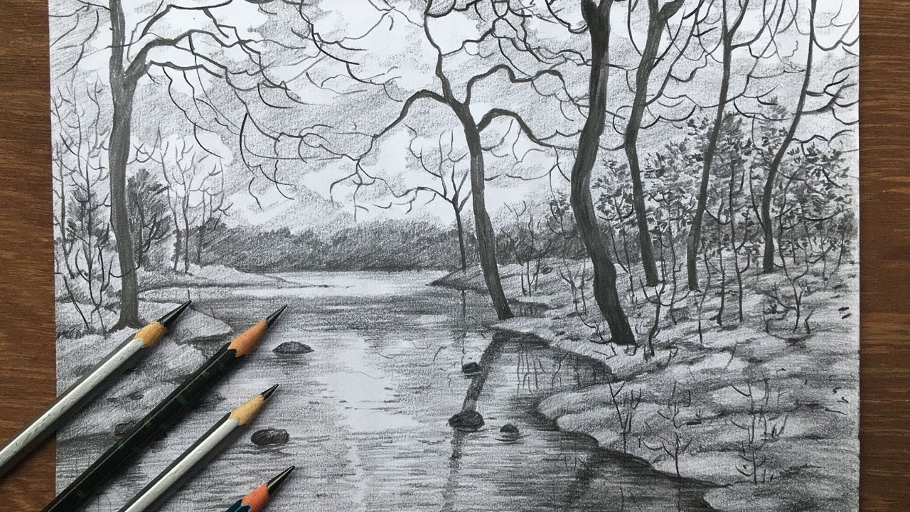 How to draw & shade a landscape in pencil scenery drawing in pencil