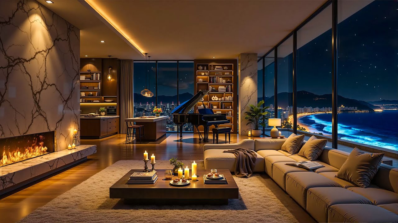 Elegant Piano Jazz at Beach Apartment Ambience 🌃🌊  Relaxing Jazz Music & Calm Waves for Study, Work