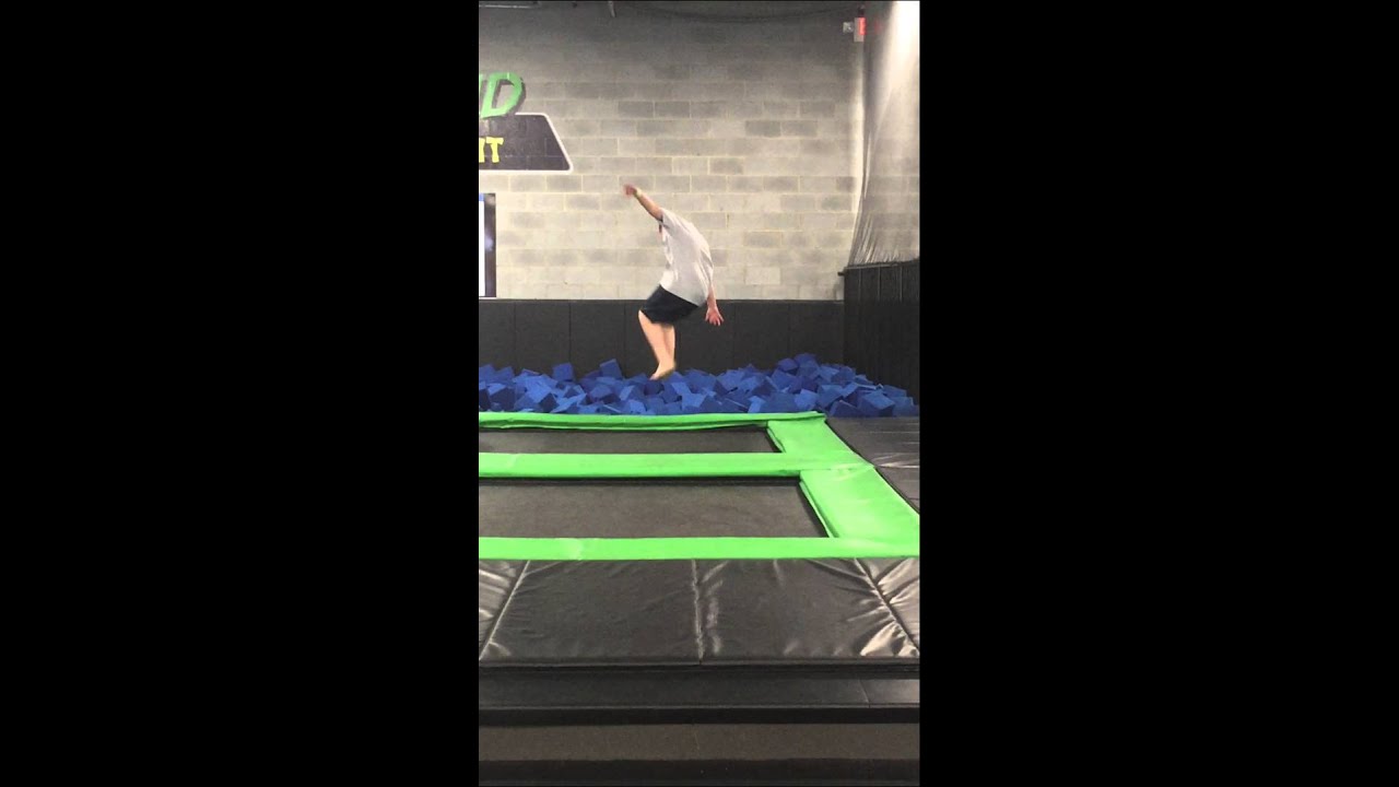 Nick's first jump in to the foam pit at the trampoline park!