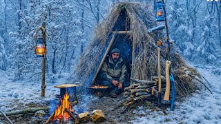 Winter Bushcraft Camp in Mountains _ Survival camping in heavy snowfall_ Wilderness .