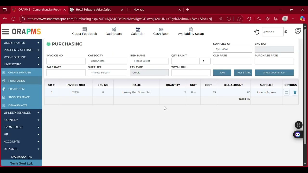 Purchasing Module in ORA PMS | Hotel Inventory & Procurement Management