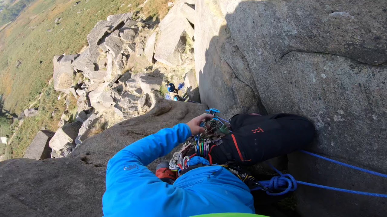 Climbing “Goliath’s Groove ***HVS 5a” (very dogged) Stanage Plantation