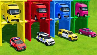 TRANSPORTING ALL COLORFUL POLICE VEHICLES WITH ELECTRIC MERCEDES TRUCKS ! Farming Simulator 22