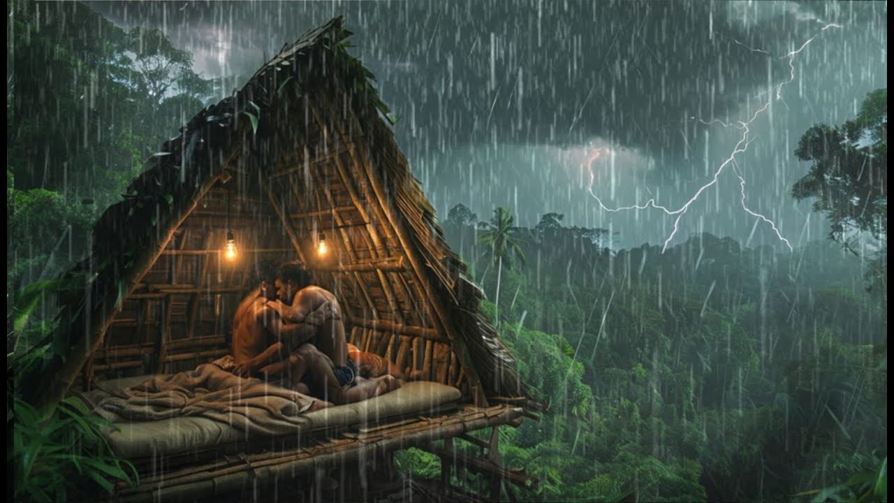 Строим тёплое укрытие, с трудом разбиваем лагерь под кустами под проливным дождём.