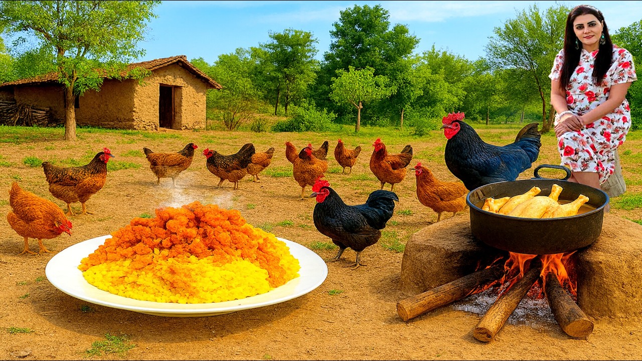 Fried Chicken with dill rice in Village Life in Iran