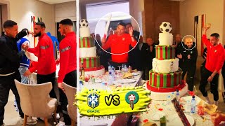احتفال لاعبين المنتخب المغربي بعيد ميلاد حكيم زياش اجواء رائعة | المغرب ضد البرازيل