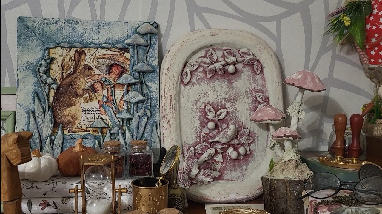 Предметы декора из того, что под рукой. Панно и грибочки в винтажном стиле.