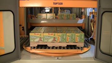 Low Level Row-forming Palletizer with Concurrent Stretch Wrapping