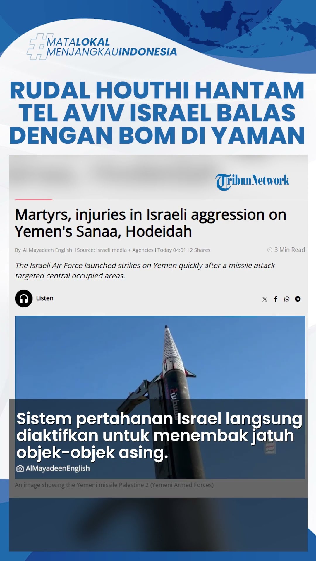Kota Tel Aviv Porak poranda Dihantam Rudal Houthi, Israel Langsung Balas Kerahkan Jet Bom Yaman