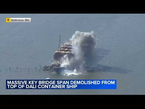 Massive Key Bridge span demolished from top of Dali container ship